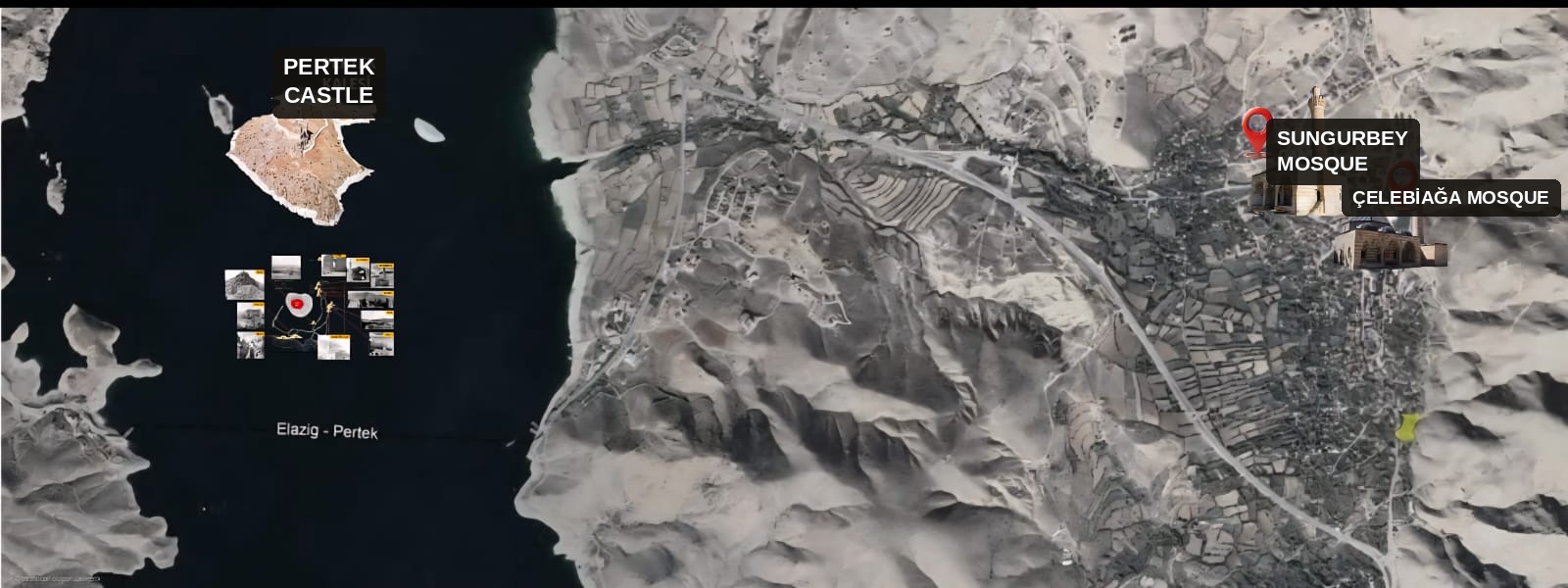 Satellite map of Pertek: Pertek Castle, Sungurbey Mosque and Çelebiağa Mosque